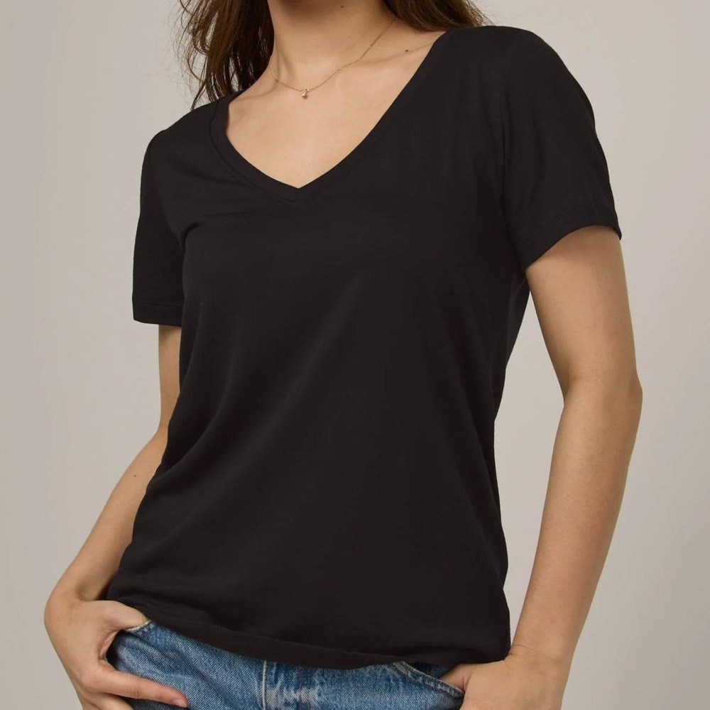 Wool& Morgan V-Neck Tee 78% Merino Wool Small Black Short Sleeve Base Shirt